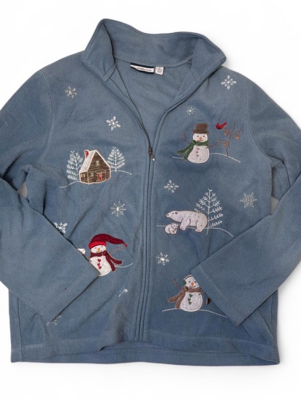 croft & barrow Blue Kids Zip-Up Fleece Jacket with Snowman and Winter Embroidery